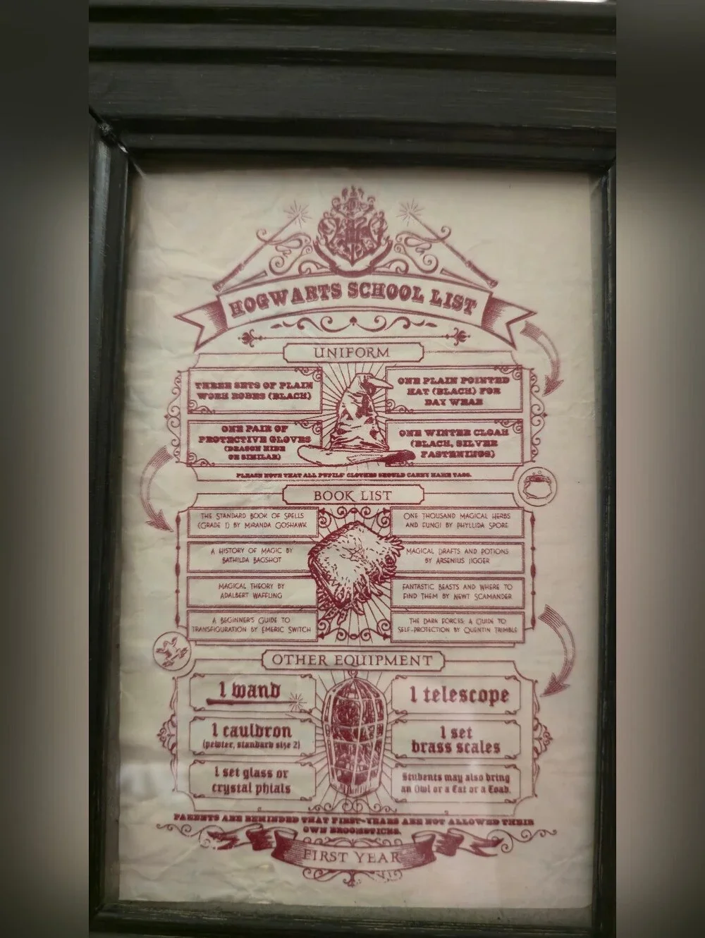 Framed Hogwartz School Supply List Black Wood Picture Frame